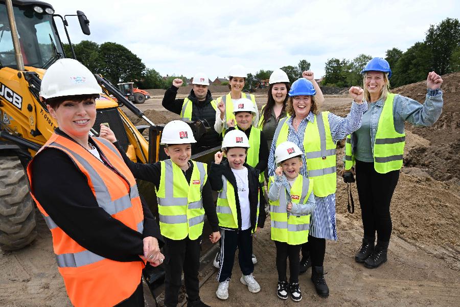 From left, Together for Children's Director of Education Kimberley Richardson with Headteacher Catherine Jones and Thorney Close pupils who move to the new-build Silver Birch next year and Matt Kemp of Brims Construction.